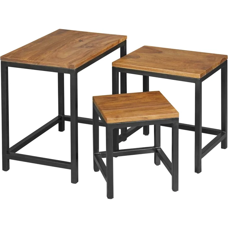FineBuy 3er-Set Beistelltisch Massivholz Sheesham/ Metall