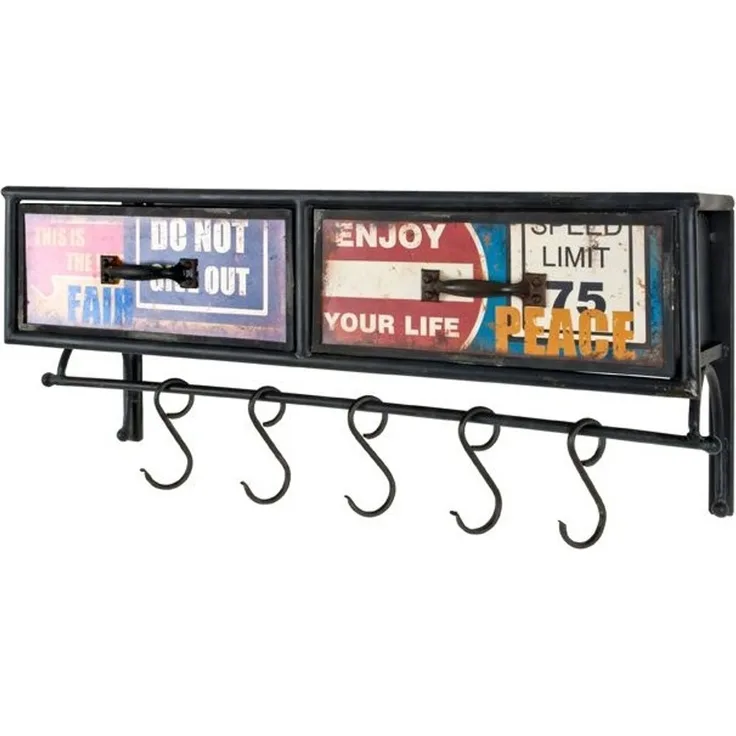 Haku Wandgarderobe Vintage mit 2 Schubkästen, Garderobenstange und 5 Haken, Metall, schwarz, 77x24x34 cm