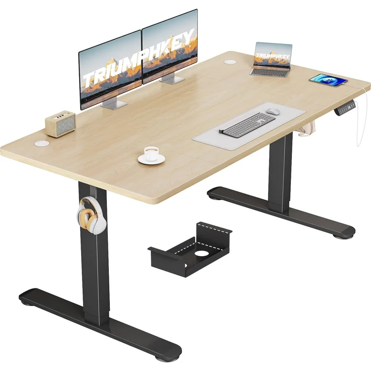 TRIUMPHKEY Höhenverstellbarer Schreibtisch 140x70, 18mm Tischplatte & USB-A | Schreibtisch Höhenverstellbar mit 3 Memory-Steuerung,Sitz‑Erinnerung,Kabelbox, Computertisch,Standing Desk,Beige+schwarz