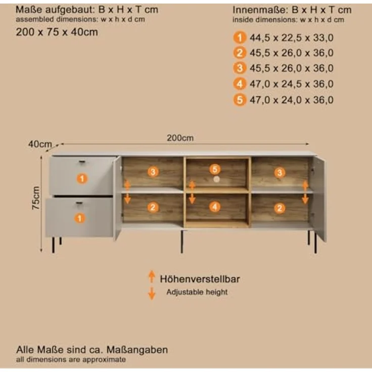 trendteam smart living - Sao Paulo - TV-Schrank - Kashmir (Beige)/Evoke Eiche - Lowboard für Fernseher bis 65 Zoll - (BxHxT) 200 x 75 x 40 cm - integrierte Kabeldurchführung – Bild 3