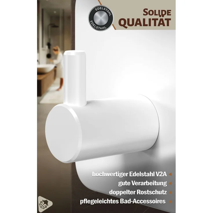 Lindenstein Selbstklebende Handtuchhaken 6er-Set Weiß – Edelstahl 304, bis 10 kg – Bild 5