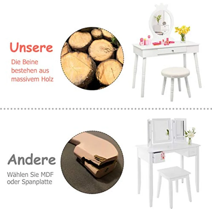 COSTWAY Kinder Schminktisch mit Hocker und abnehmbarem Spiegel, Holz weiß, 34 x 70 x 100 cm – Bild 8