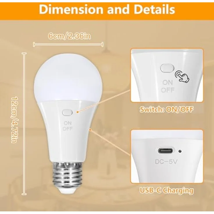 Dehobo Glühbirne Mit Fernbedienung E27 Aufladbare Glühbirne - 7W Glühbirne Mit Batterie Camping Lampe RGB Dimmbare - Akku Lampen Mit Timing Funktion für Weihnachten, Outdoor Lampe 2 Pack – Bild 5