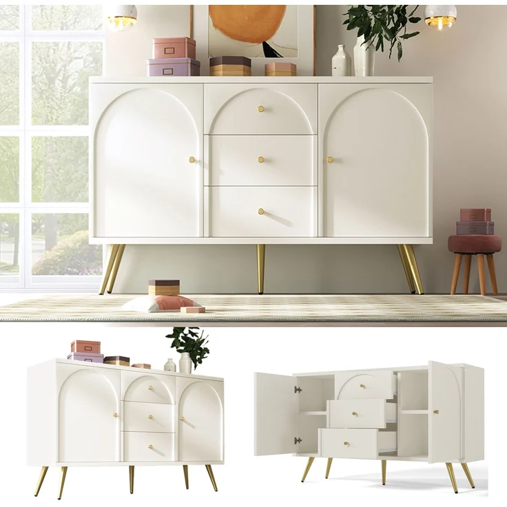 Kommode 140 cm mit gewölbten Schubladen, Sideboard mit höhenverstellbarem Fachboden, Drehtüren, Metallfüßen, Stauraum – Bild 7