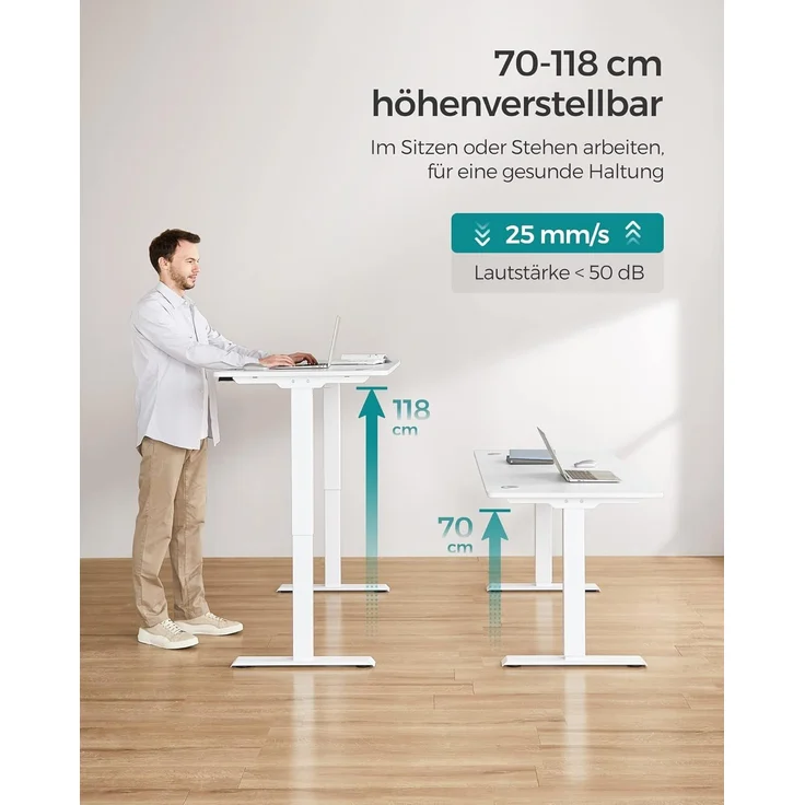 Songmics Höhenverstellbarer Schreibtisch elektrisch, Tischgestell, Schreibtischständer mit Motor, stufenlos verstellbar, 140x70 x (73-114) cm, Stahl, weiß LSD012W01 – Bild 6