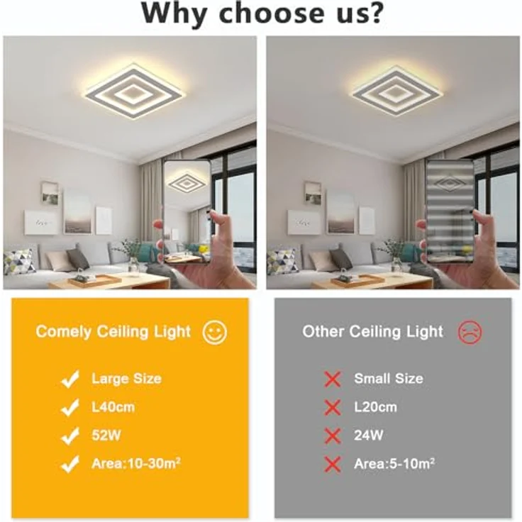 Comely LED Deckenleuchte Quadrat, Moderne Deckenlampe 52W Quadratisch LED Acryl LED Deckenbeleuchtung, LED Lampen Weiß für Schlafzimmer, Wohnzimmer, Flur, Warmes Licht 3000K, 40cm – Bild 7