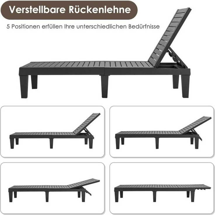 COSTWAY Sonnenliege wetterfest Gartenliege 180kg belastbar Liegestuhl 5 verstellbare Rückenlehne Terrassenliege für Outdoor Garten Terrasse Schwarz – Bild 2