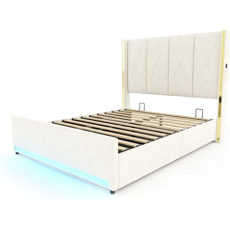 LVHOM Polsterbett mit Stauraum, Doppelbett mit LED, USB-Anschlüsse und Seitentaschen, Funktionbett, 160x200 cm, Beige – Bild 2