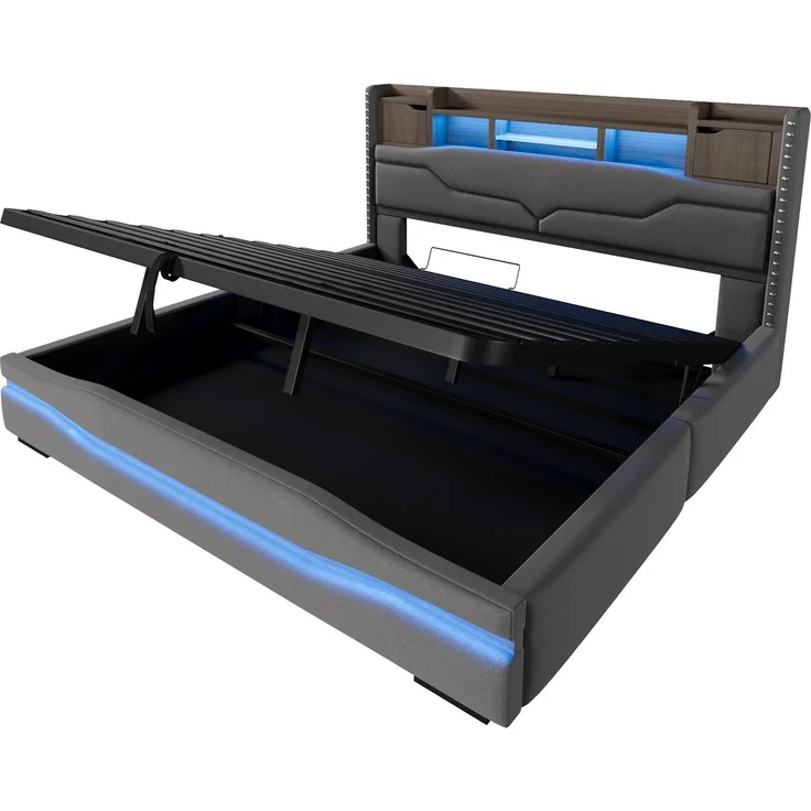 Polsterbett mit LED-Beleuchtung und Stauraum, 180x200 cm, USB/Type-C Anschlüsse, gepolsterter Kopfteil, Doppelbett, Stauraumbett, Leinen – Bild 7