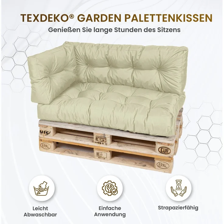 TexDeko® Garden Palettenkissen 120 x 80 x 18 cm wasserabweisend UV - beständig In- & Outdoor Premium Sitzkissen gesteppt Palettenauflage für Europaletten (3-TLG Set, Sand)