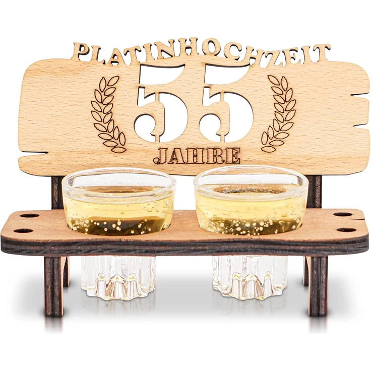 DARO Design - Schnapsbank 55. Hochzeitstag Platinhochzeit Geschenk Deko für Paare Männer Frauen aus Holz mit Gläsern