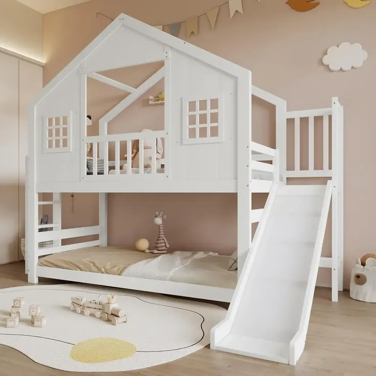 Etagenbett mit 2 Liegeflächen, Lattenrost, Rausfallschutz und Rutsche, 90x200cm, Hausbett, Spielbett, Kinderbett, Kiefer – Bild 3