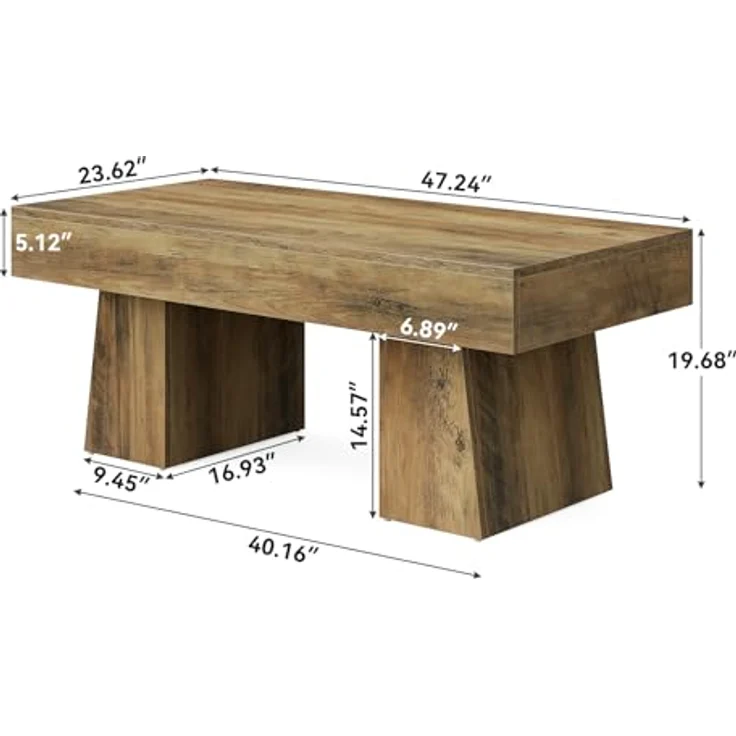 LITTLE TREE Farmhouse Couchtisch, 120 cm, rechteckiger Beistelltisch aus Holz mit massivem Sockel, Moderne niedrige Cocktail- und Teetisch-Möbel für das Wohnzimmer (rustikales Braun) – Bild 2