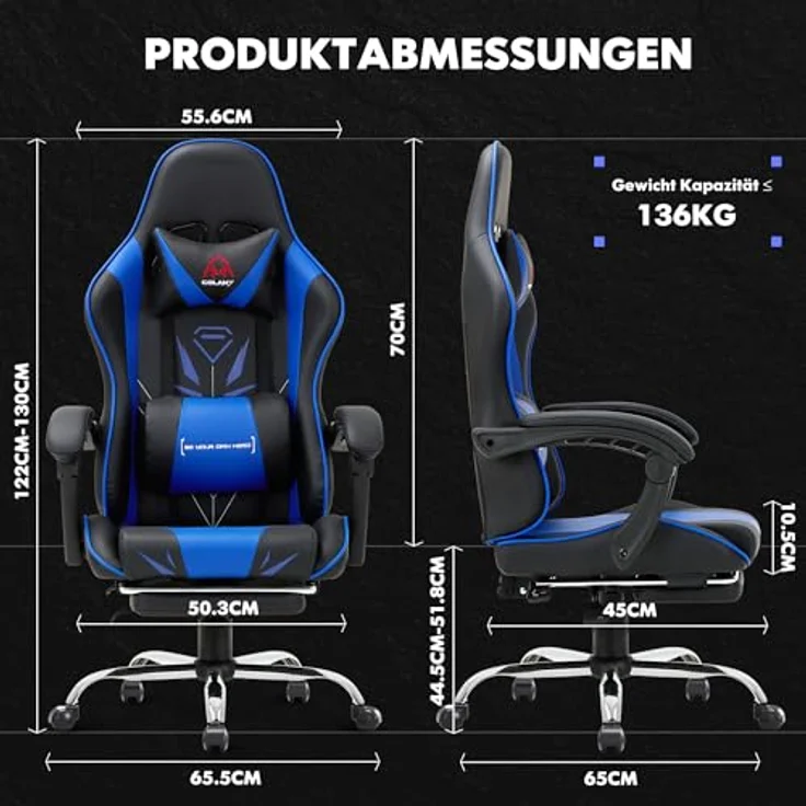 COLAMY Gaming Stuhl, Computer Stuhl mit Fußstütze und Lendenwirbelstütze, höhenverstellbarer Gaming Chair mit 360°-Drehsitz und Kopfstütze, Video Gamer PC Stuhl, Ergonomische hohe Rückenlehne, Blau – Bild 4