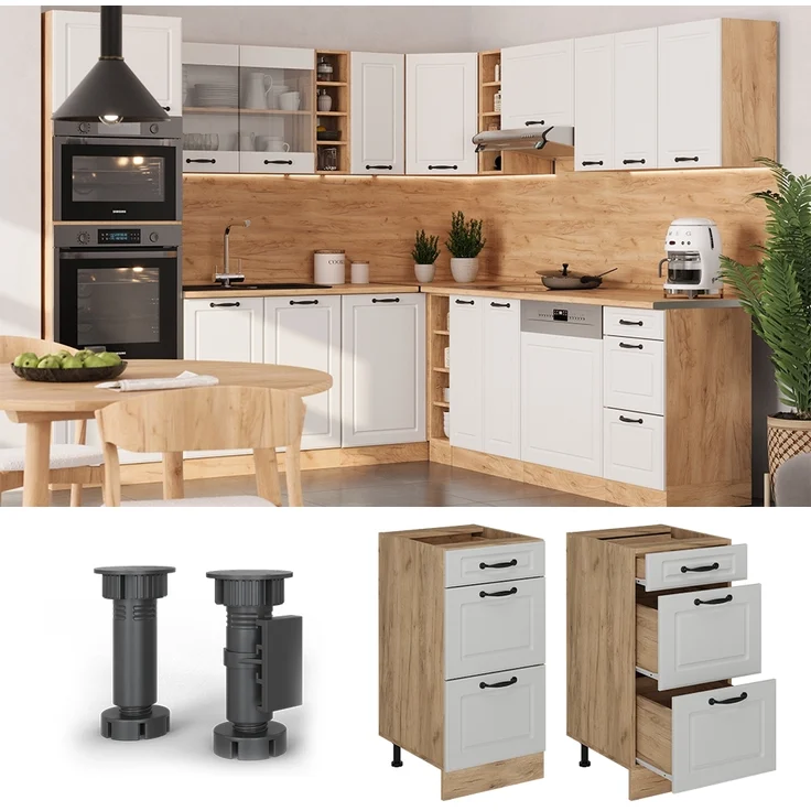 Küchenunterschrank R-Line Weiß Landhaus 40 cm mit Schubladen, AP Eiche Vicco – Bild 4