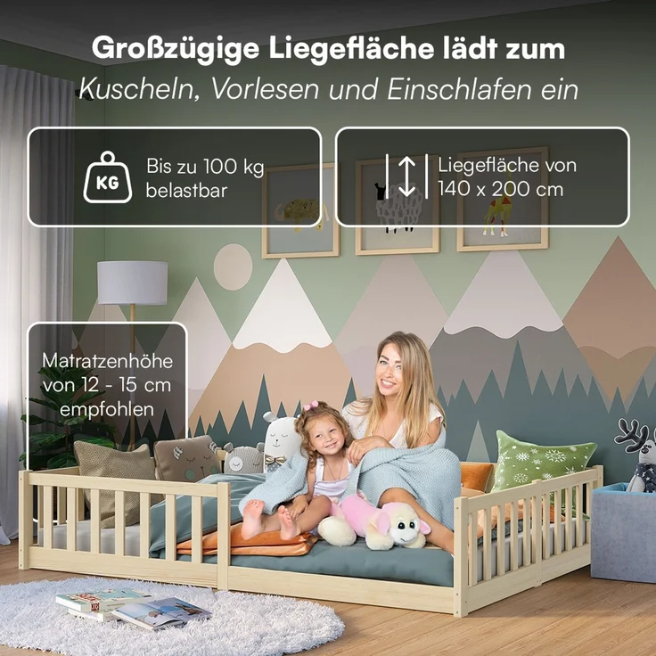 Bellabino 'Vere' Bodenbett 140x200 cm, natur, Massivholz Kiefer, Montessori Kinderbett mit Rausfallschutz und Lattenrost – Bild 6