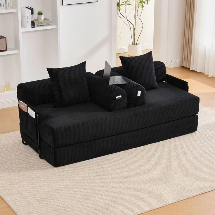 ZUBALIYA Ecksofa 94x67 cm, mit Leiter, mit Cordbezug, mit breiten Armlehnen, modular aufgebaut, mit Schaumstoffpolsterung, Schwarz – Bild 11