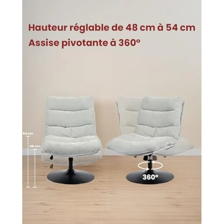 MEUBLE Cosy Bürostuhl Ergonomisch Schreibtischstuhl mit höhenverstellbar 360° Drehbar Kippfunktion ohne Armlehnen, Chenille-Stoff, Grau – Bild 5