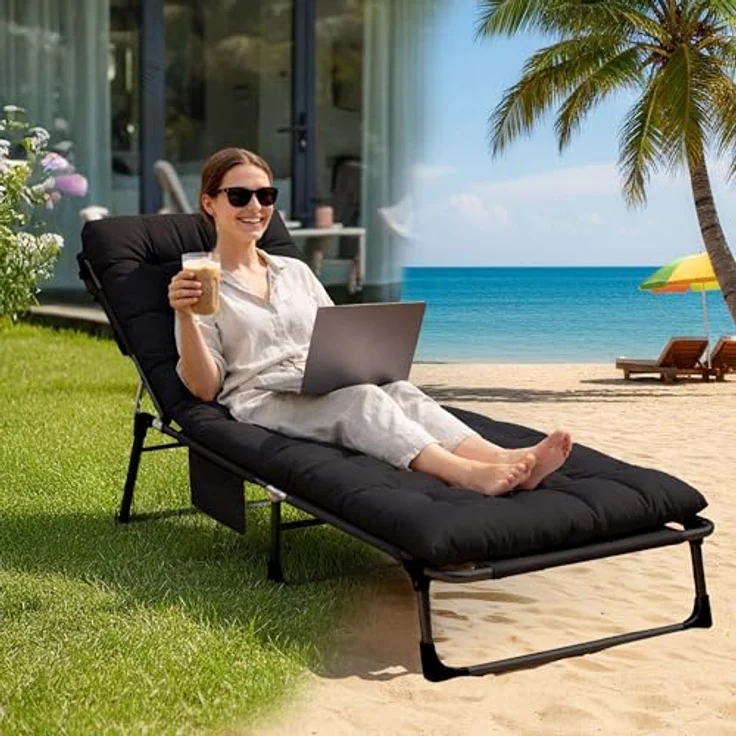 Sofotel Klappbares Gästebett und Sonnenliege mit Matratze und Kissen - 5-stufig verstellbare Gartenliege - für Schlaf und Entspannung - 193 x 67 x 40-75,5 cm - für Camping, Garten und Gäste - Schwarz – Bild 2
