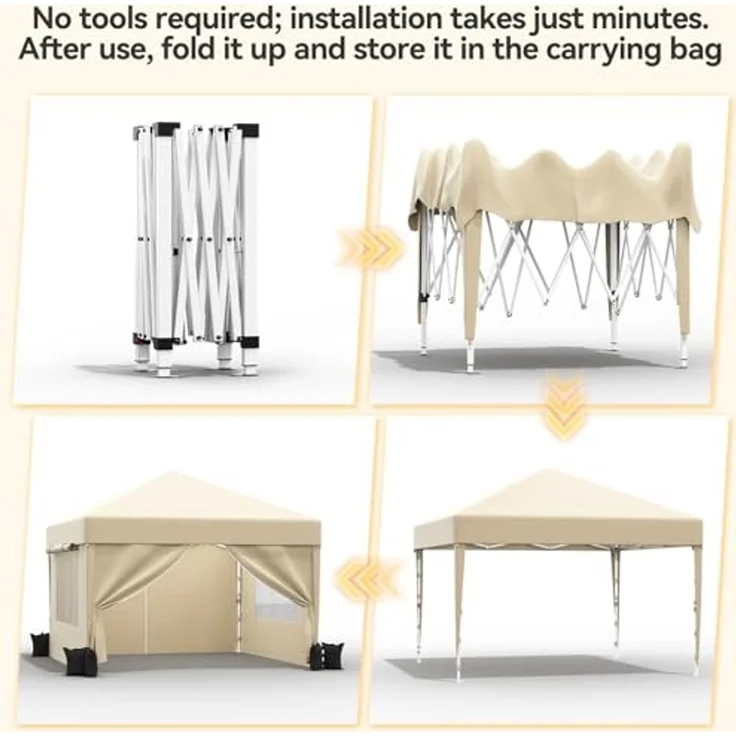 JUMMICO 3x3 m Faltpavillon mit Insektenschutz & Belüftung｜Rollos + Lüftungsfenster｜1-Minuten Schnellaufbau｜10cm höhere Dachfläche,Beige – Bild 3