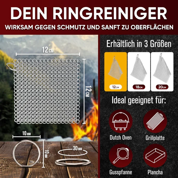 Edelstahl-Ringreiniger 12 x 12 cm – Pfannenreiniger für Gusseisen & Dutch Oven, schonend zur Patina, rostfrei & langlebig – Bild 2