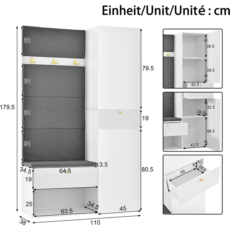 Flieks Garderobe 110 x 38 x 179.5 cm mit gepolsterter Sitzbank, Schuhablage, Garderobenpaneel, Haken und Stauraum, Weiß – Bild 5