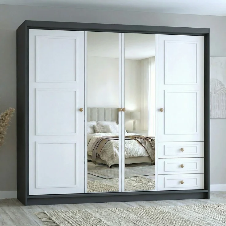 Drehtürenschrank OSLO viertüriger Kleiderschrank mit Schubladen und Metallgriffen – Bild 1