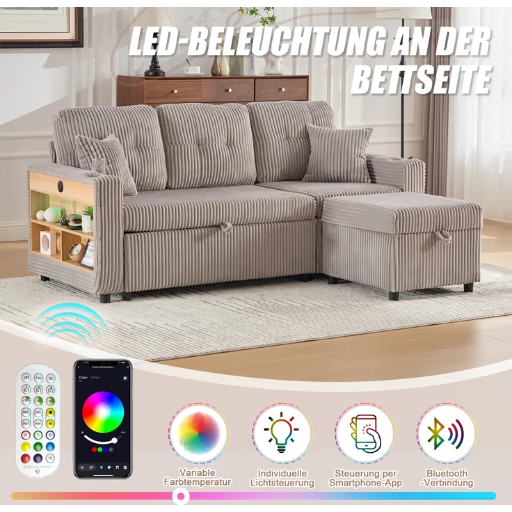 LVHOM Schlafsofa mit LED & USB, Ecksofa mit Ablagefächern, Schublade und Becherhaltern, Schlafcouch aus Cordstoff, frei Kombination, 196x144x85 cm – Bild 6