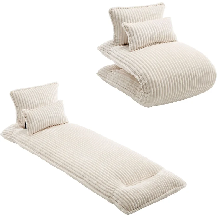 LVHOM Schlafsessel mit Bettfunktion, 227 cm Klappsessel Bodensessel mit Stahlrahmen, klappbarer Relaxsessel inkl. 2 Kissen, bis 150 kg belastbar, Cord Beige – Bild 2
