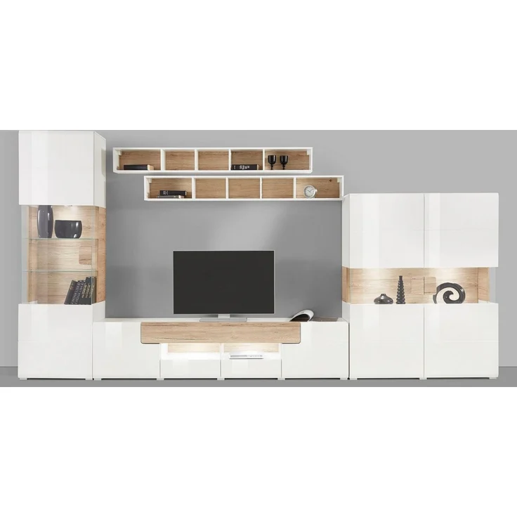 INOSIGN Wohnwand Toledo,Breite 391cm stilvolle Mediawand ohne Beleuchtung, (Set, 5-St), Anbauwand(Vitrine,Lowboard,Highboard,2xHängeregal)MDF Hochglanzfronten – Bild 4