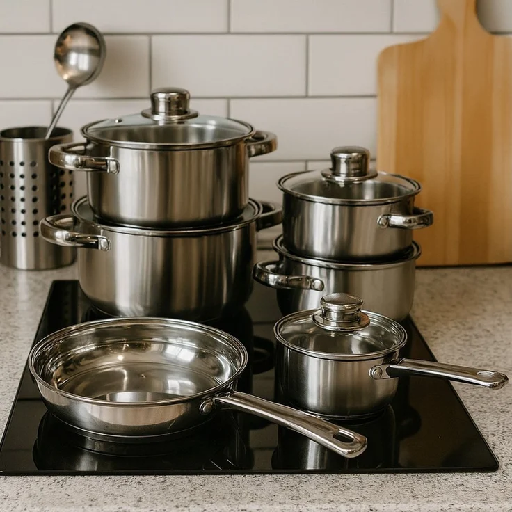 HOOZ Topf-Set Edelstahl Topfset 12-teilig – Für alle Herdarten inkl. Induktion, Edelstahl (Set, 5-tlg, 12-teiliges Edelstahl-Topfset für alle Herdarten inkl. Induktion), Für alle Herdarten inkl. Induktion, stapelbar & mit Glasdeckeln – Bild 2