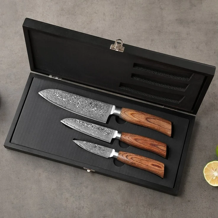 Wakoli Messer-Set Edib Pro 3 Damastmesser I Kochmesser Küchenmesser I 8-16cm Klinge (Damastmesser mit Geschenkbox, 3-tlg, 3er Damastmesser-Set mit Holzbox), 67 Lagen Damaststahl, VG-10 Stahlkern – Bild 3
