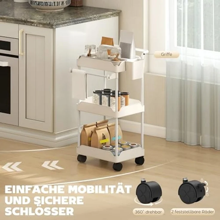 HOMCOM Küchenwagen mit 3 Ebenen, hängenden Körben, Tuchhalter, (Servierwagen, 1 St, Rollwagen), für Wohnzimmer Küche Bad Büro Weiß – Bild 5