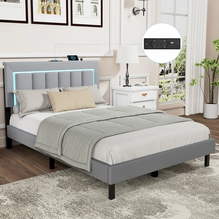 oyajia Polsterbett Bettgestell mit Kopfteil, Lichtleiste (Polsterbett mit Lattenrost und verstellbares gepolstertes Kopfteil), Modernes Jugendbett, Leises Design, Einfach zu montieren und stabil – Bild 1
