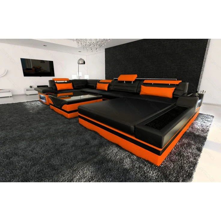 Sofa Dreams - Mini Luxus-Wohnlandschaft Mezzo mit LED-Beleuchtung - Kunstleder - Schwarz-Orange - Rechts – Bild 2