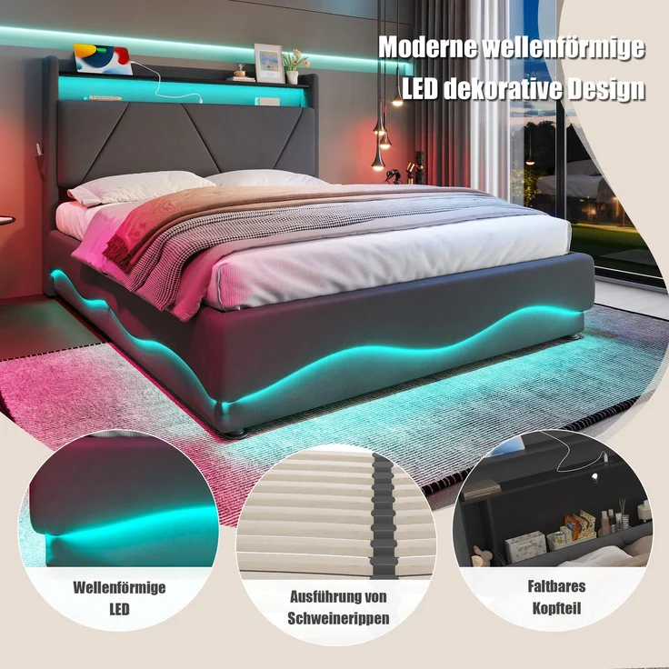 Polsterbett, Samt mit LED & Stauraum, 222 x 149 x 116,5 cm, Dunkelgrau, ohne Matratze – Bild 6