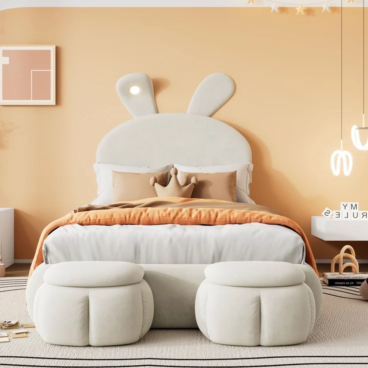 Polsterbett 90×200 mit Hasenohren & dimmbarem LED-Licht, Samtbezug Beige, inkl. Aufbewahrungshockern Einzelbett – Bild 3