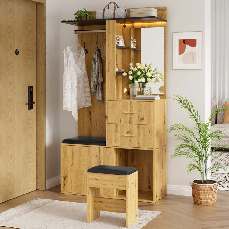 Garderobenschrank 100x40x172,5 cm mit Sitzbank, Schuhfach, Spiegel und App-LED – Bild 2