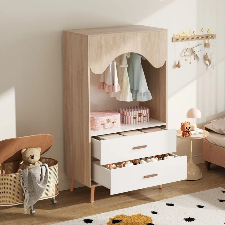 Offener Kinderkleiderschrank, HDF+Massivholzgriffe, Weiß-Natur Optik 80x46x141,5cm für Kinderzimmer Schlafzimmer – Bild 2