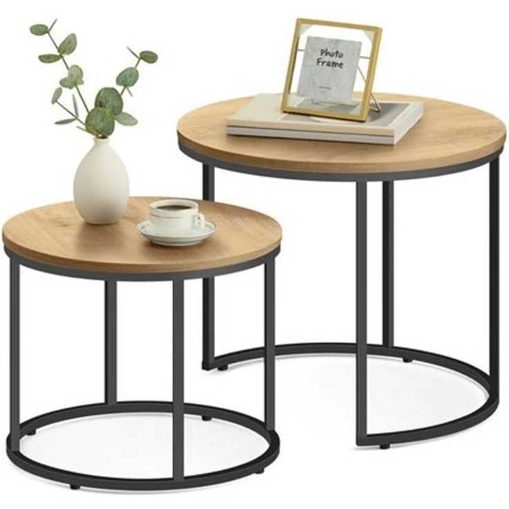 Home Collective Couchtisch 2er Set Beistelltisch Loft Design 2in1 Verschachtelung Wohnzimmer, kratzfeste Oberfläche 53cm & 43cm Sonoma-Eiche, schwarzen Beinen rund – Bild 4