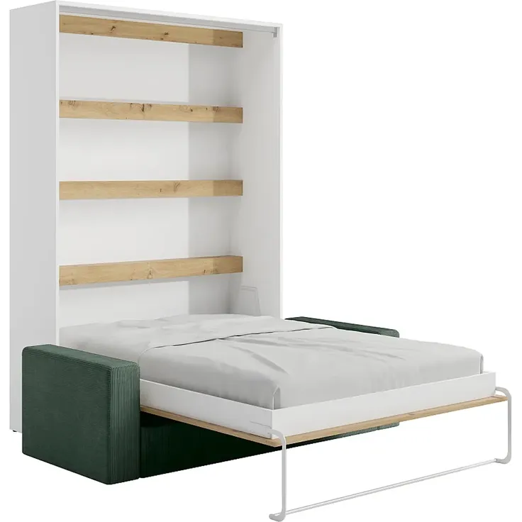 Vente-unique - Schrankbett 140 x 200 cm - Manuelle vertikale Öffnung - Mit LEDs - Weiß und Naturfarben + Matratze + Grünes Sofa - RAPILI – Bild 6