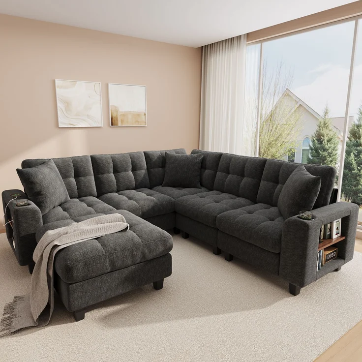 ZUBALIYA Modulare Wohnlandschaft, mit Stauraum, mit USB-C-Anschluss, modular kombinierbar, mit Getränkehaltern, mit Hocker, H 83 × T 216.5 × B 216.5 cm, Grau, Chenille – Bild 4