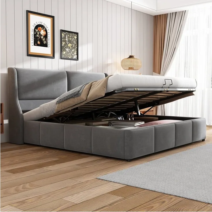 Odikalo Stauraumbett Polsterbett Doppelbett Funktionsbett Kopfteil Bett mit Bettkasten (140/160/180 Grau, Geeignet für Erwachsene und Jugendliche, aus hochwertigem Flanell)