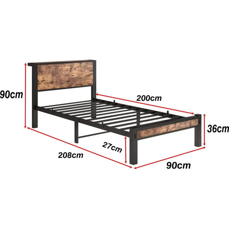 Bett 90x200 cm mit Stauraum – Einzelbettgestell aus MDF und Metall in Antique brown – Bild 9