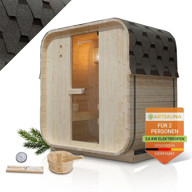 Artsauna Fasssauna Nolvik M, Outdoor-Sauna aus Fichtenholz, 3,6 kW Ofen, LED, Komplettset mit Sanduhr, Eimer & Thermometer, winterfest, Cube Design – Bild 1