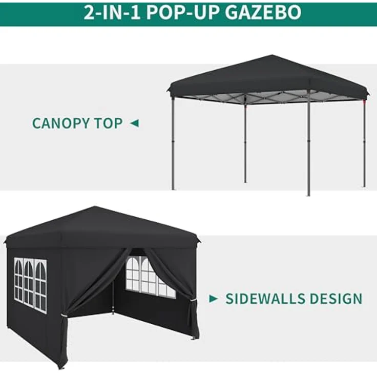YITAHOME Pavillon mit Seitenwänden, 3x3m wasserdichte zusammenklappbares Garten Vordach, Ganzjahres Camping Pavillon UV-Schutz mit Heringen,Seil,Tragetasche,Gewichtsbeuteln Veranstaltungen,schwarz – Bild 5