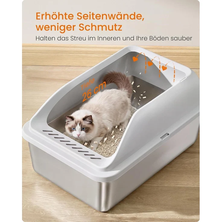 FEANDREA Edelstahl Katzenklo XXL Offen mit Hohem Rand und Spritzschutz 51 x 36 x 26 cm Grau – Bild 5