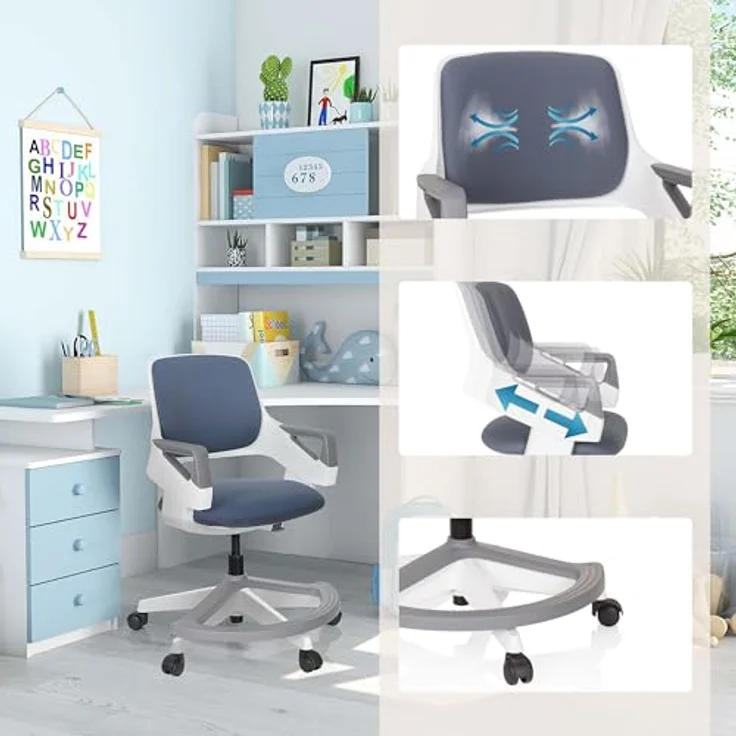 hjh OFFICE Kinder- und Jugendstuhl Kid Flex Mitwachsender Drehstuhl, Verstellbare Rückenlehne & Fußablage, Grau – Bild 5