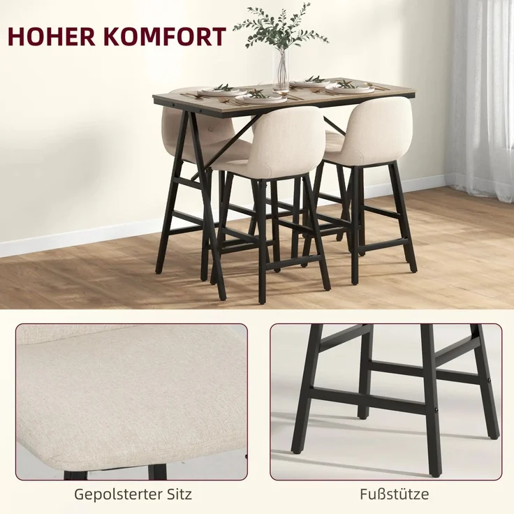 Bartisch-Set 120x60x91 cm mit 4 gepolsterten Barhockern, Stahlgestell, Beige – Bild 6