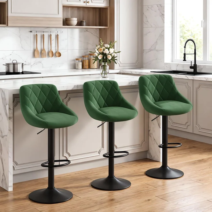 WOLTU Barhocker 3er Set, Barstuhl Höhenverstellbar, Samtsitz, Dunkelgrün | Drehbarer Bar Stool mit Rückenlehne und Fußstütze, rutschfeste Metallfüße, für Küche und Hausbar